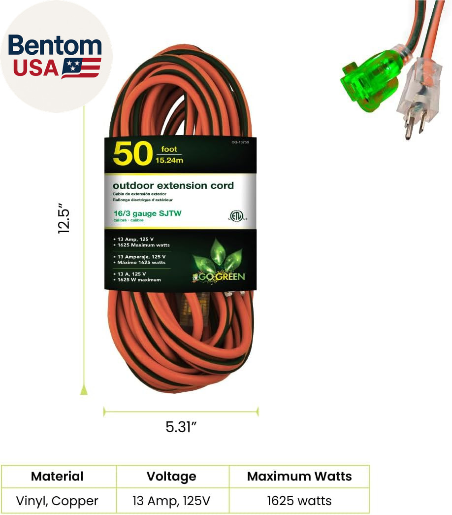 Go Green Power Inc. 16/3 50-Foot Outdoor Extension Cord – Heavy-Duty, Weatherpro