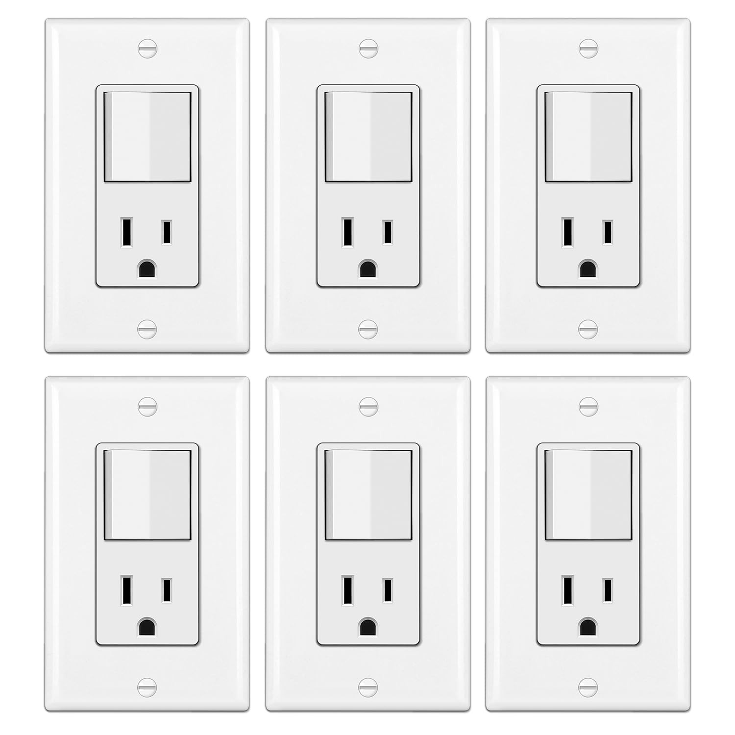 BESTTEN 6 Pack Combination Wall Light Switch and Decor Outlet, Single Pole Rocke