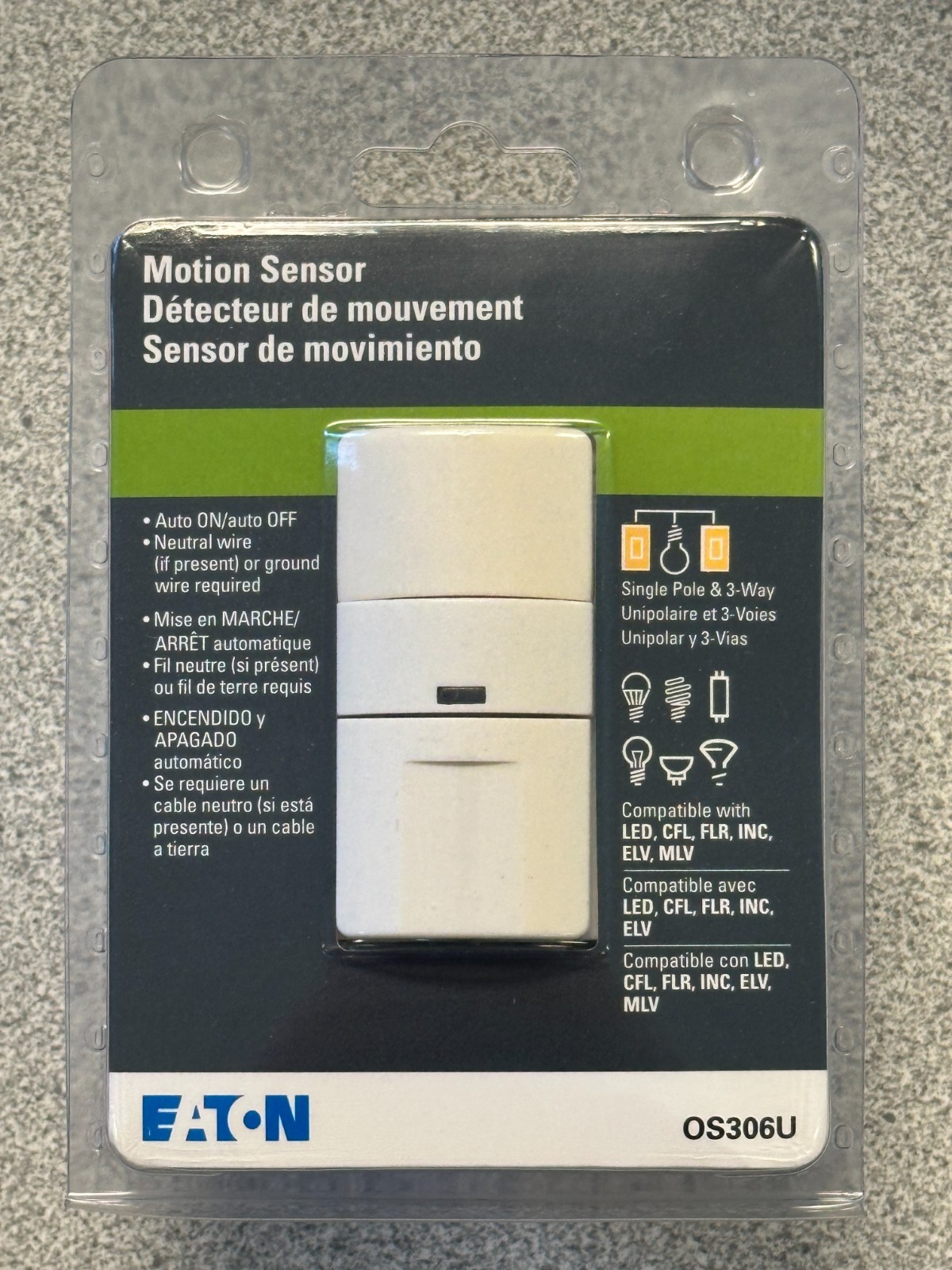 NEW EATON OS306U-LA Motion Sensor Switch 1 Pole 3 Way 600W Lt Almond LED CFL FLR