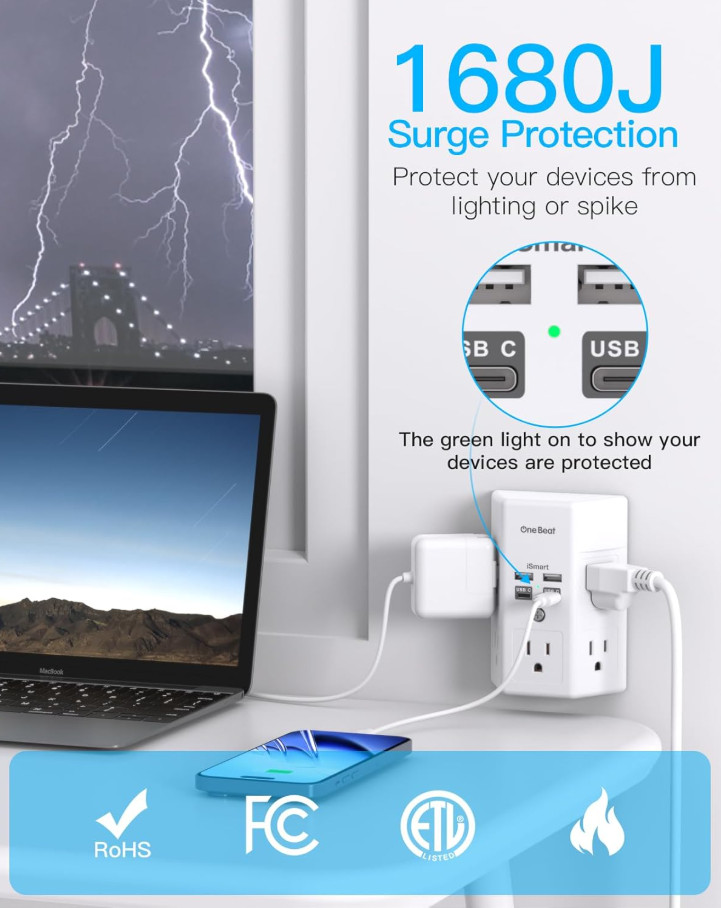 5 Outlet Extender Surge Protector Multi Plug Wall Adapter USB Charger Ports with