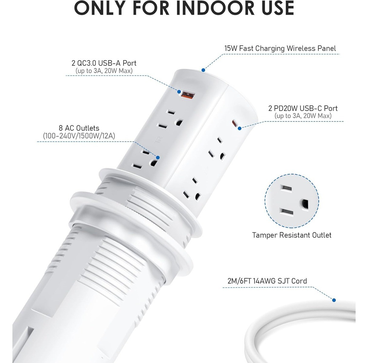 3″ Pop-Up Countertop Outlet 4 USB 15W Wireless Charger 20W PD ETL Listed White
