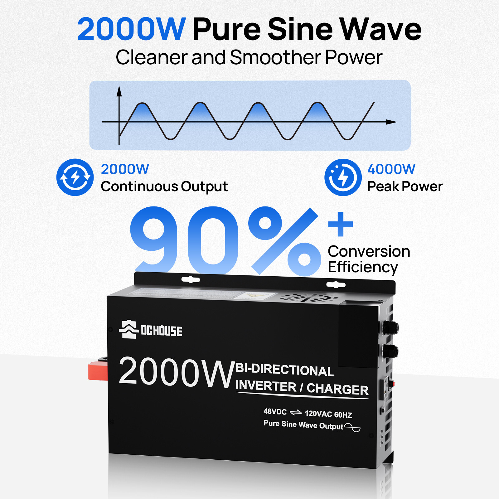 2 in 1 48V 2000W Pure Sine Wave Inverter 25A Lithium Battery Charger Golf Carts