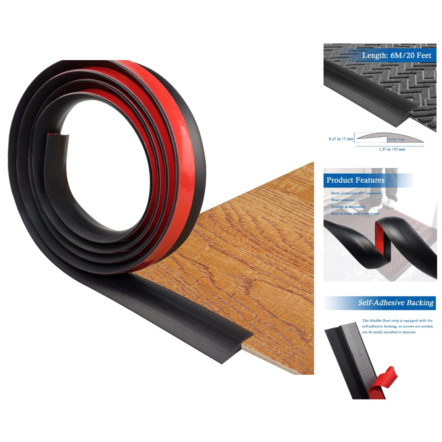 Versatile Black PVC Floor Transition Strip, 5mm Height, 20ft Self-Adhesive Trim