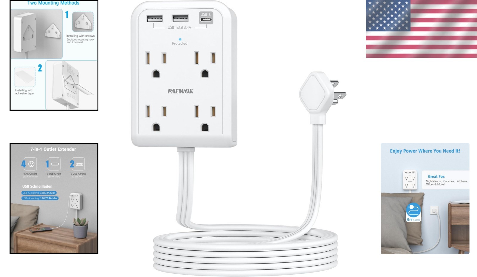 Modern 7-in-1 Electrical Outlet Extender with 3 USB Ports & Surge Protection