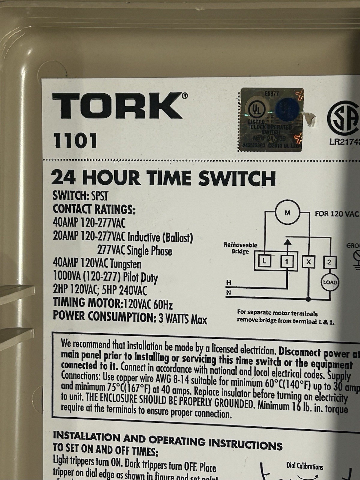 Tork 1101FM 24 Hour Pool Timer Switch 1101 FM 120VAC 40 Amp 2 HP SPST