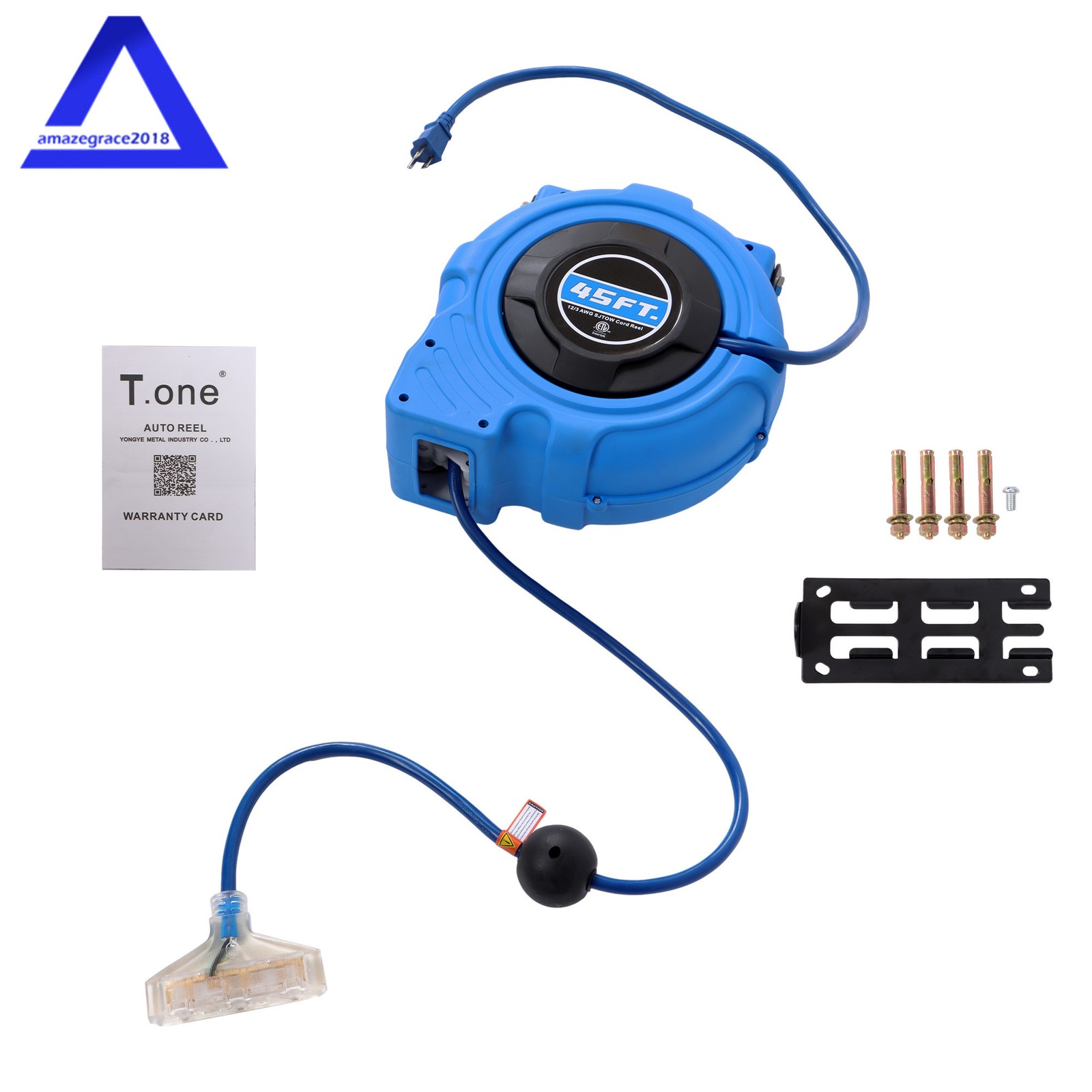 45FT Retractable Extension Cord Reel Power Cord Reel 12AWG/3C SJTOW Durable
