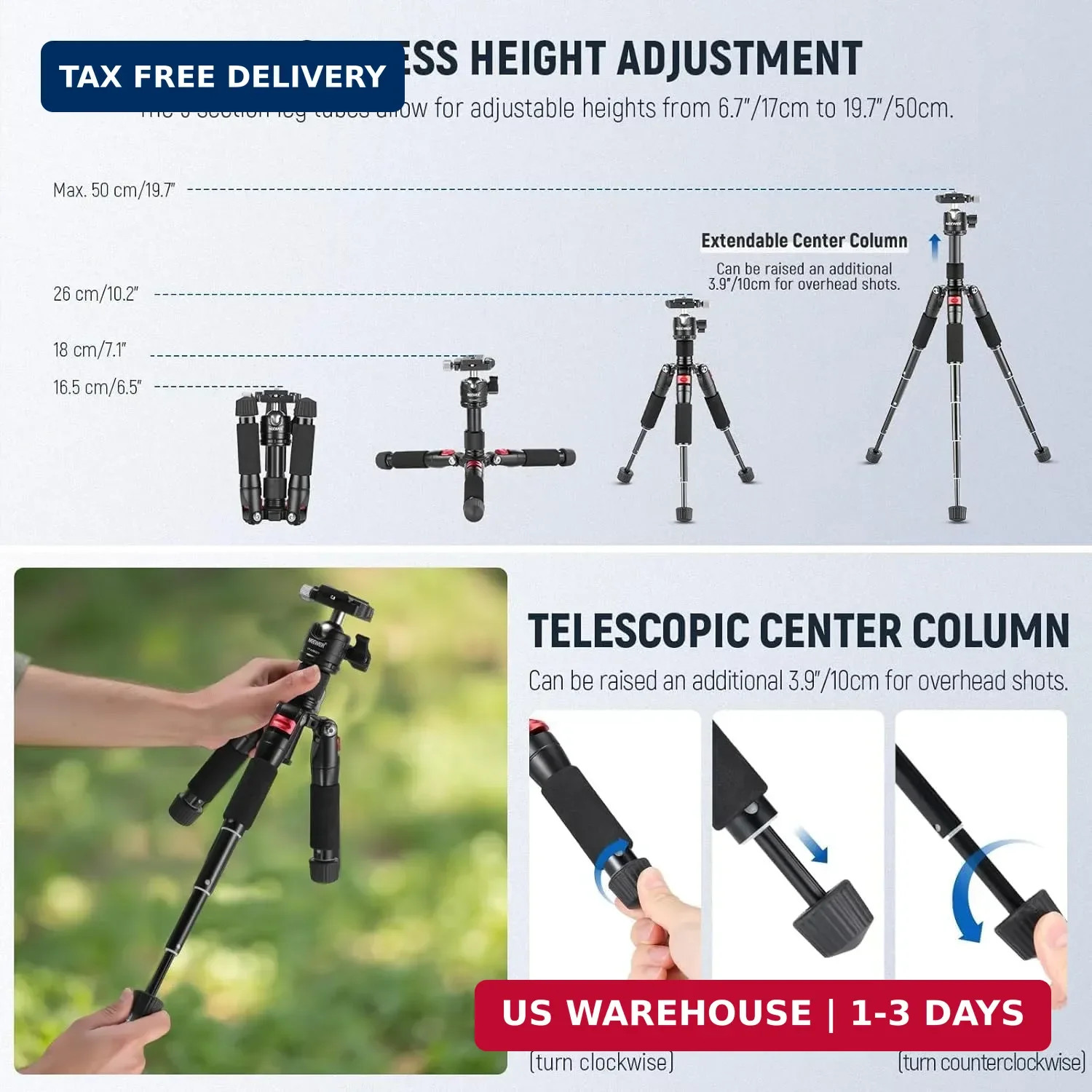 NEEWER Portable Travel Mini Tabletop Tripod, Aluminum Alloy 20”/ 50cm Desktop D