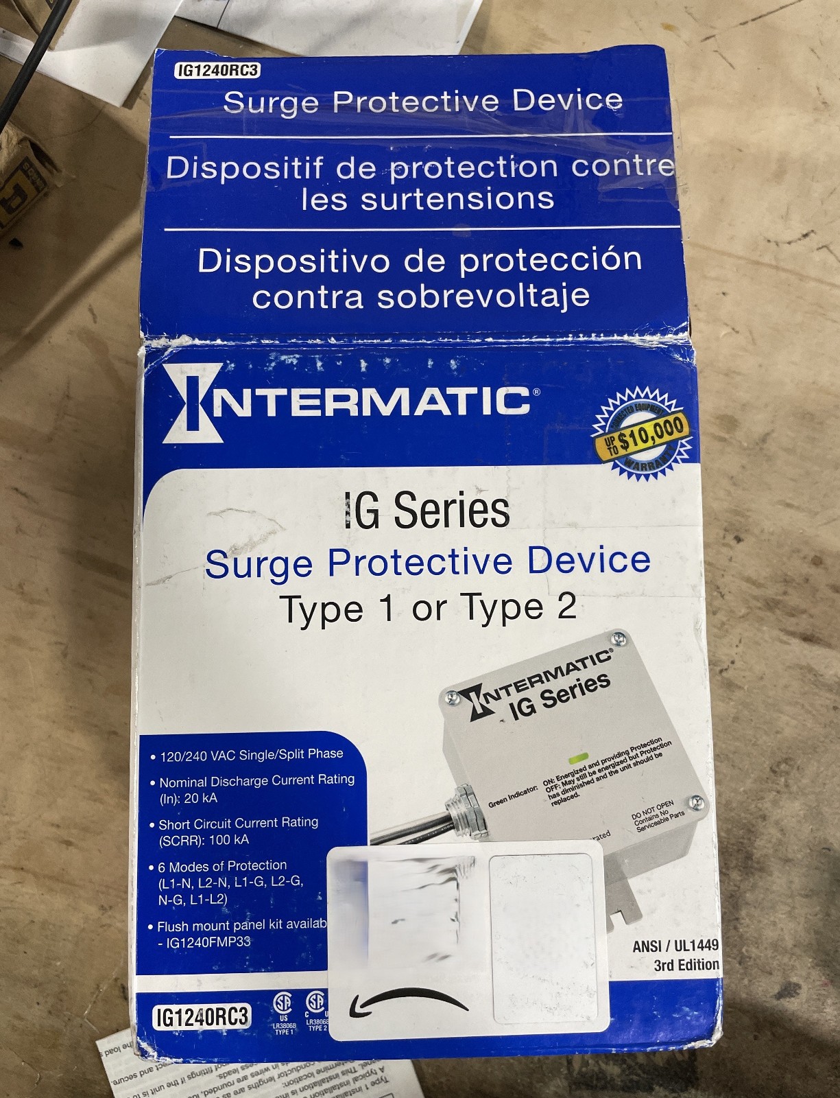 Intermatic IG1240RC3 Surge Protective Device 6-Mode, 120/240VAC 1Ph, Type 1 or 2