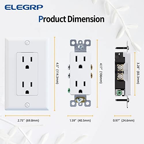 Glossy White 15A 125V Electrical Wall Outlet, 2 Pole 3 Wire, Self-Grounding, UL