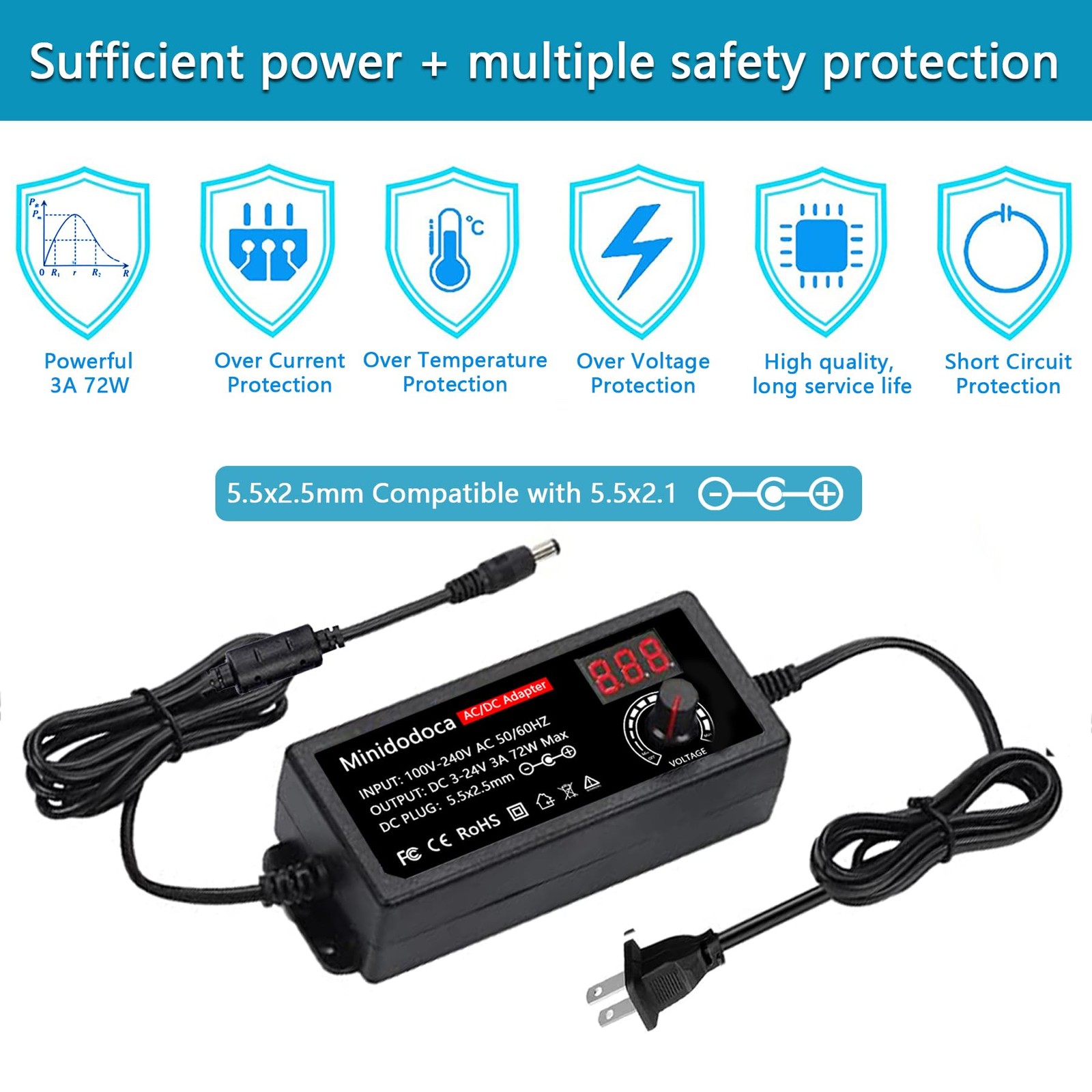 72W Power Supply Adjustable 3V ~ 24V Variable 3~24V 3A Adapter