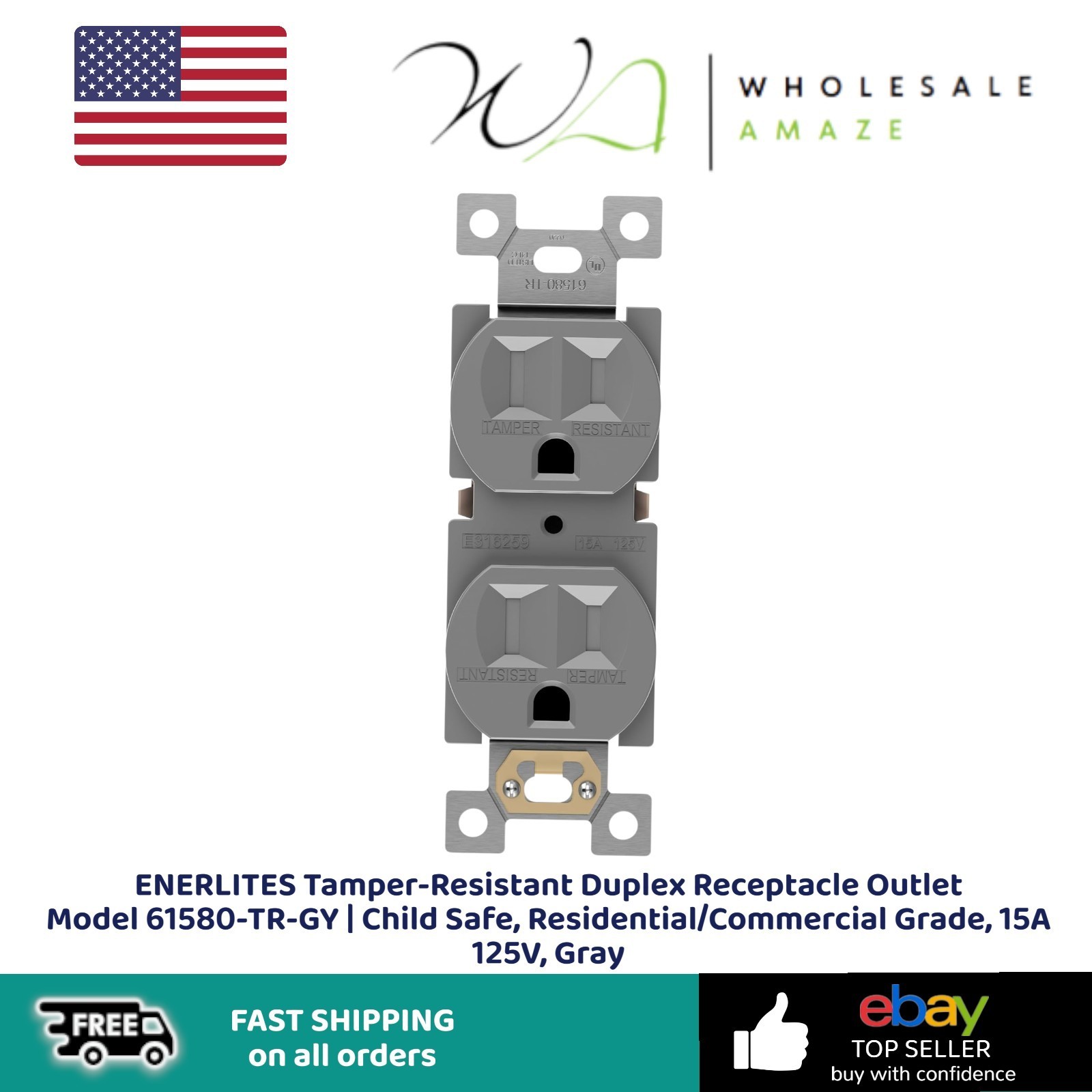 ENERLITES Tamper-Resistant Duplex Receptacle Outlet 61580-TR-GY | Child Safe