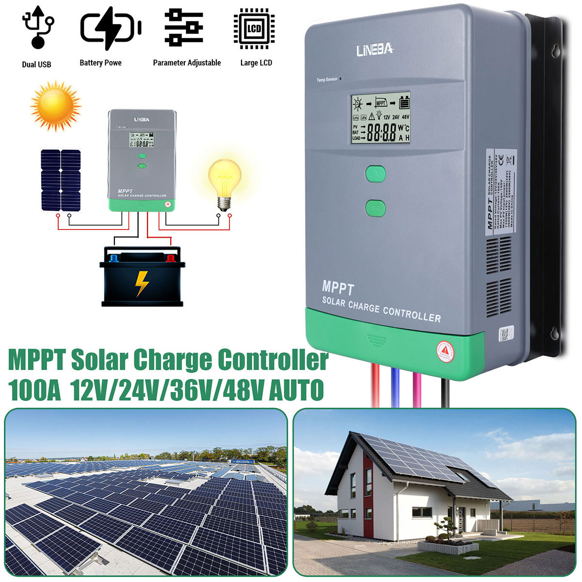 100A AMP MPPT Solar Panel Regulator Charge Controller 12V/24V 1000W/2000W LCD US