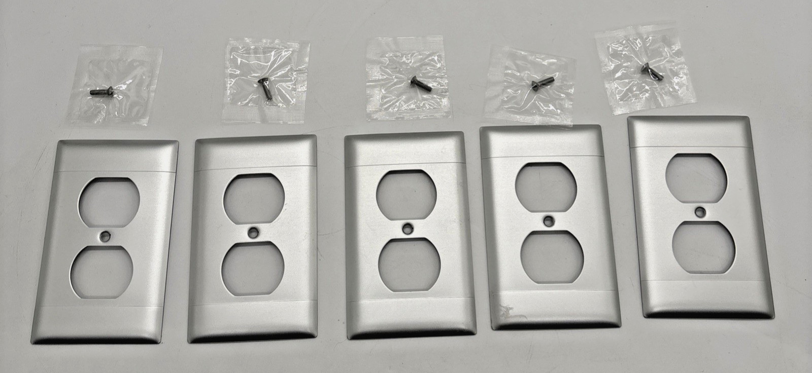 5 Brushed Stainless Metal Outlet Covers W/ Screws New Open Modern Smooth