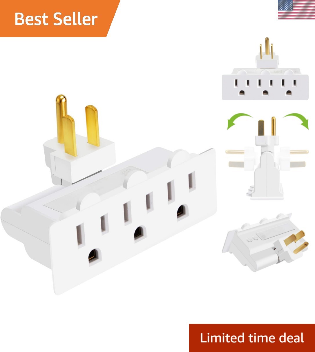 3 Outlet Wall Adapter, Listed 3-Prong Grounded 180 Degree Swivel Indoor AC M…