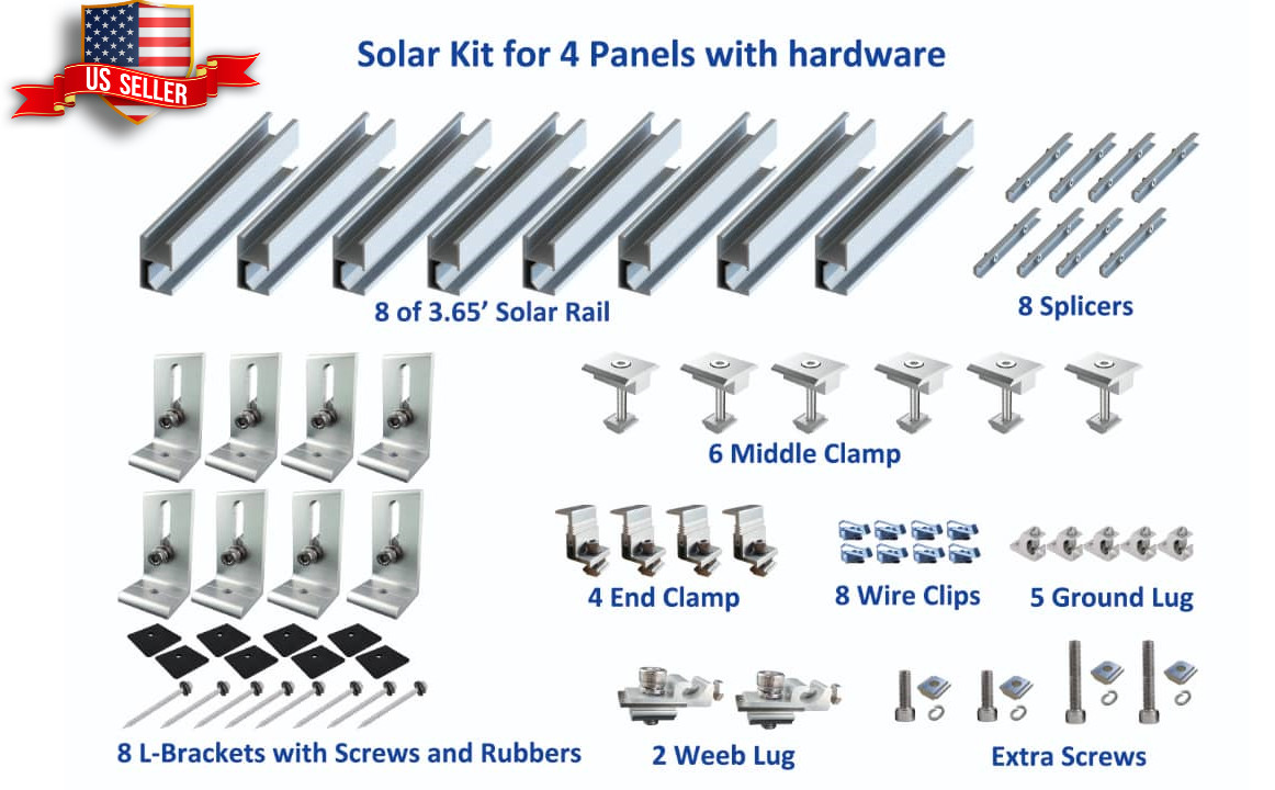 Solar Rail kit for mounting 4 panels with clamps and L brackets