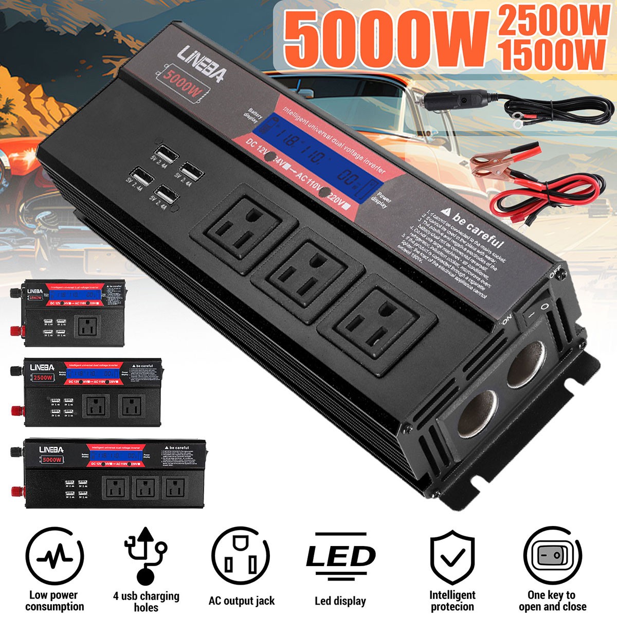 1500W 2500W 5000W Car Power Inverter 12V to 110V Converter 3AC 4USB LCD Display