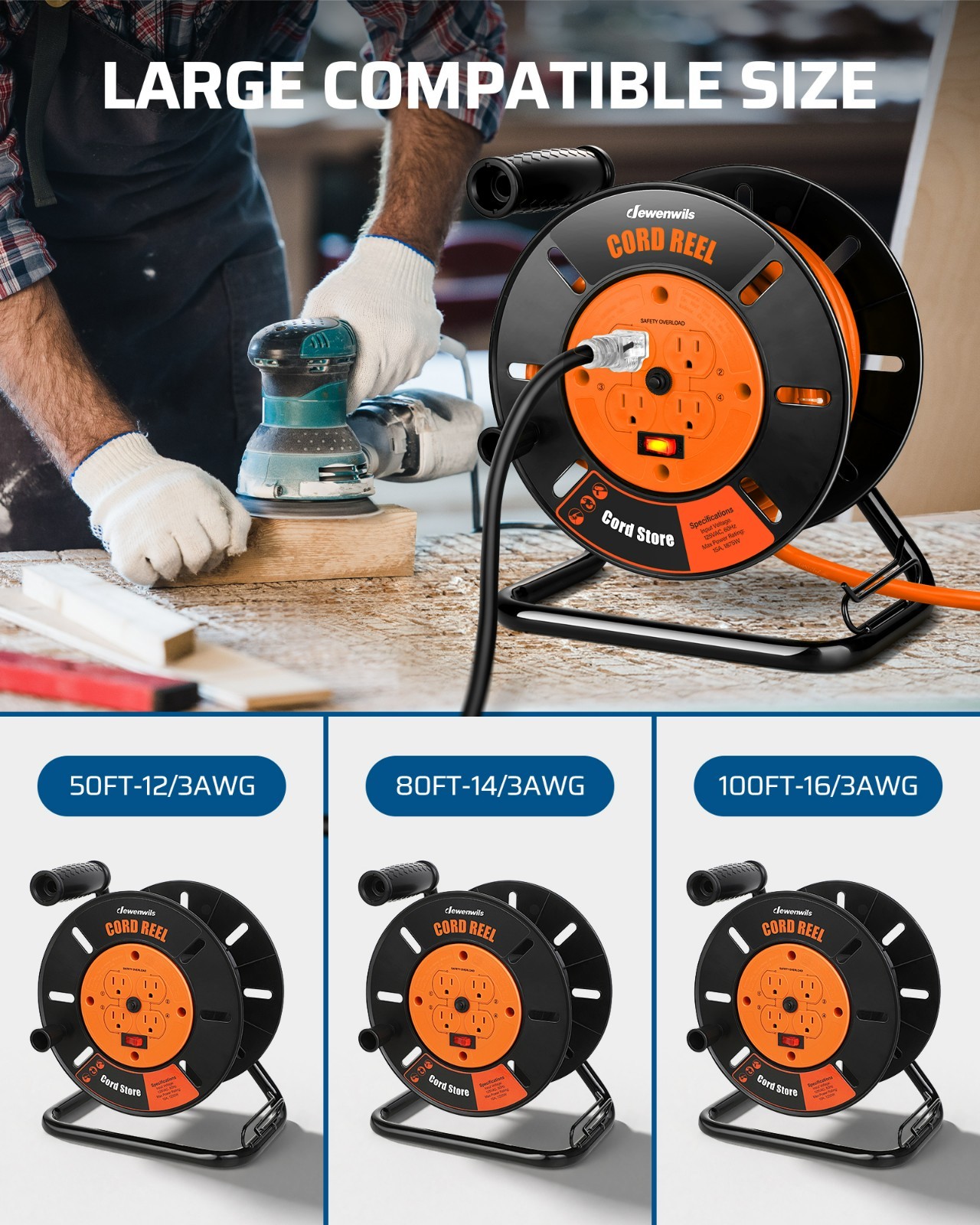 DEWENWILS Heavy Duty Extension Cord Reel with 15A Breaker, 4-Grounded Outlets