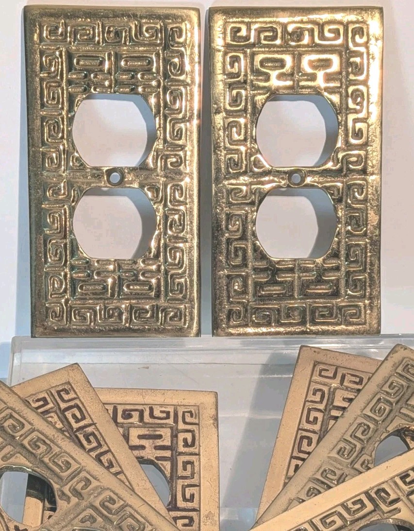 8 Brass Polished Oriental Outlet Plates Power MCM Greek Key Hollywood Regency