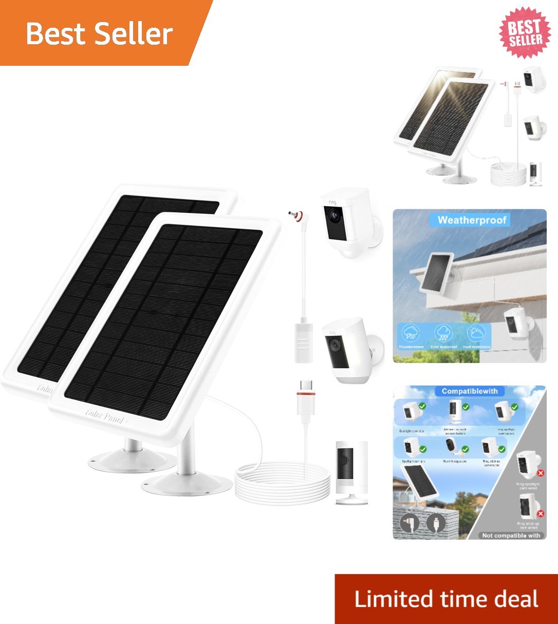 Solar Panel for Ring Camera(2Nd Generation), 2 Pack 5W Solar Panel with 10FT/3M