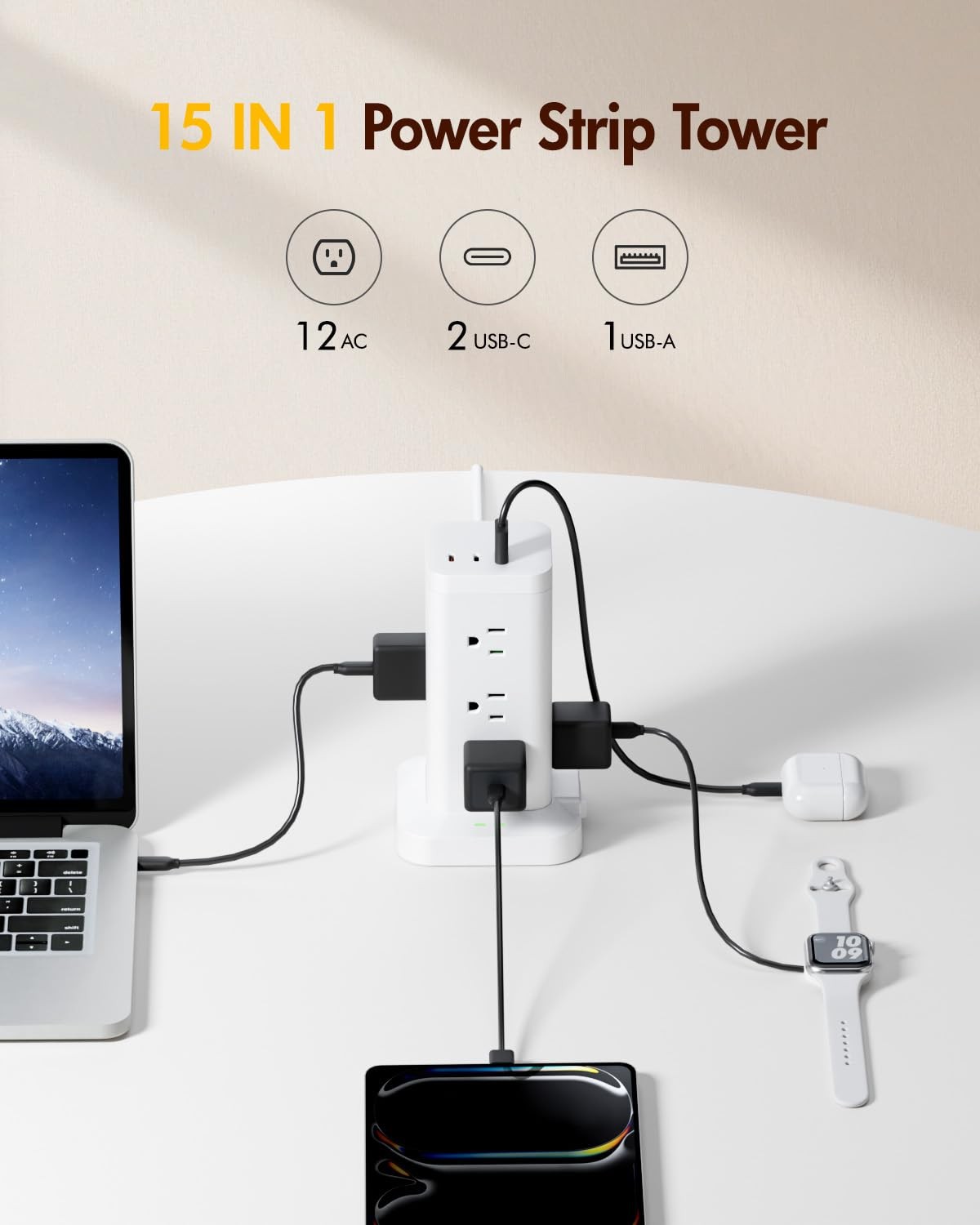 Power Strip Tower with Surge Protector 1800J, Fast Charging Tower PD20W USB-P…