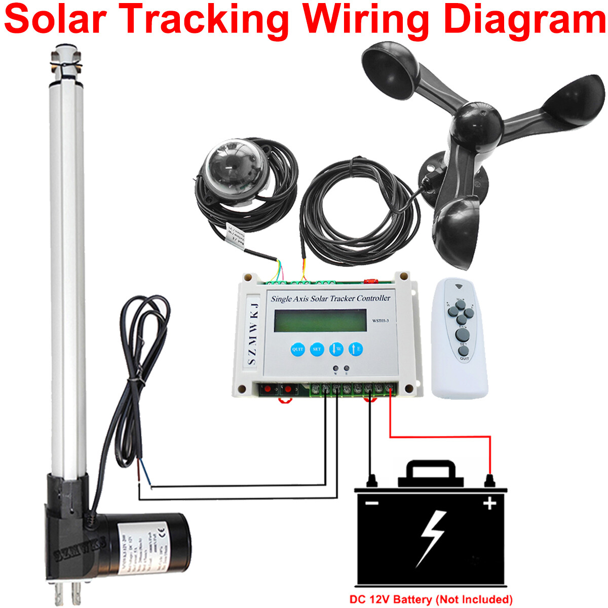 Single Axis Solar Tracking Tracker + 6000N Linear Actuator Controller Anemometer