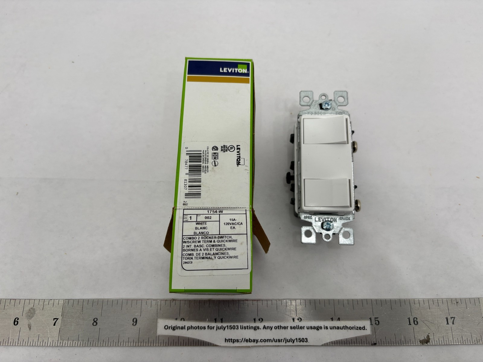 (1) NEW Leviton 1754-W Decora Combo 2-Rocker Switch 1-Pole 120VAC 15A – WHITE
