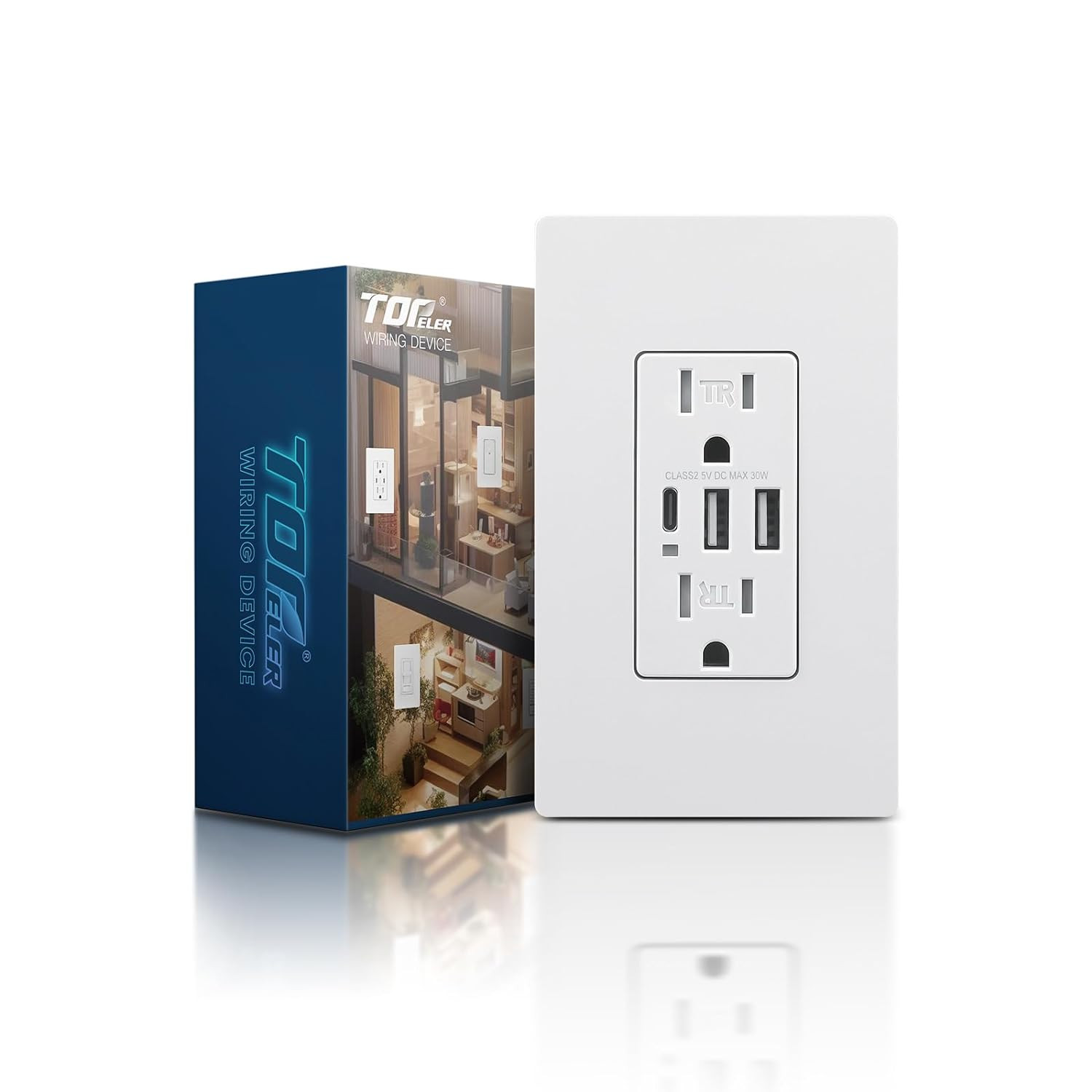 TOPELER USB C Wall Outlet, 15A Tamper Resistant Receptacle with 3 USB Port, 6.0A