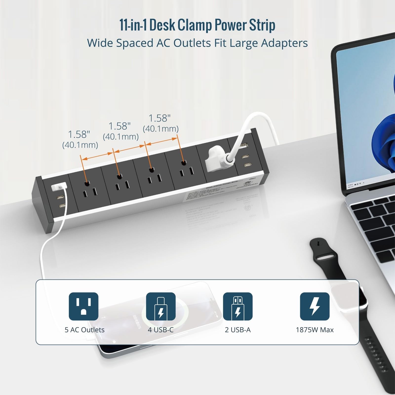 Tecmojo Desk Clamp Power Strip 5 Outlet 2 USB-A 4 USB-C 6ft Cord Fit 1.6″ Black