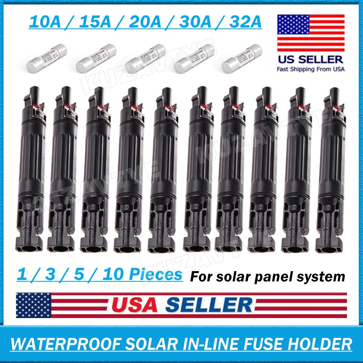 10A 15A 20A 30A 32A in-line Fuse Holder w/Fuses Solar PV Connectors 1/3/5/10 PCS