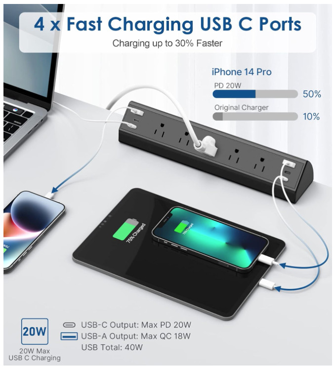 Desk Clamp Power Strip USB C, 6 USB, 5 AC, 40W Fast Charge, Surge, ETL Listed