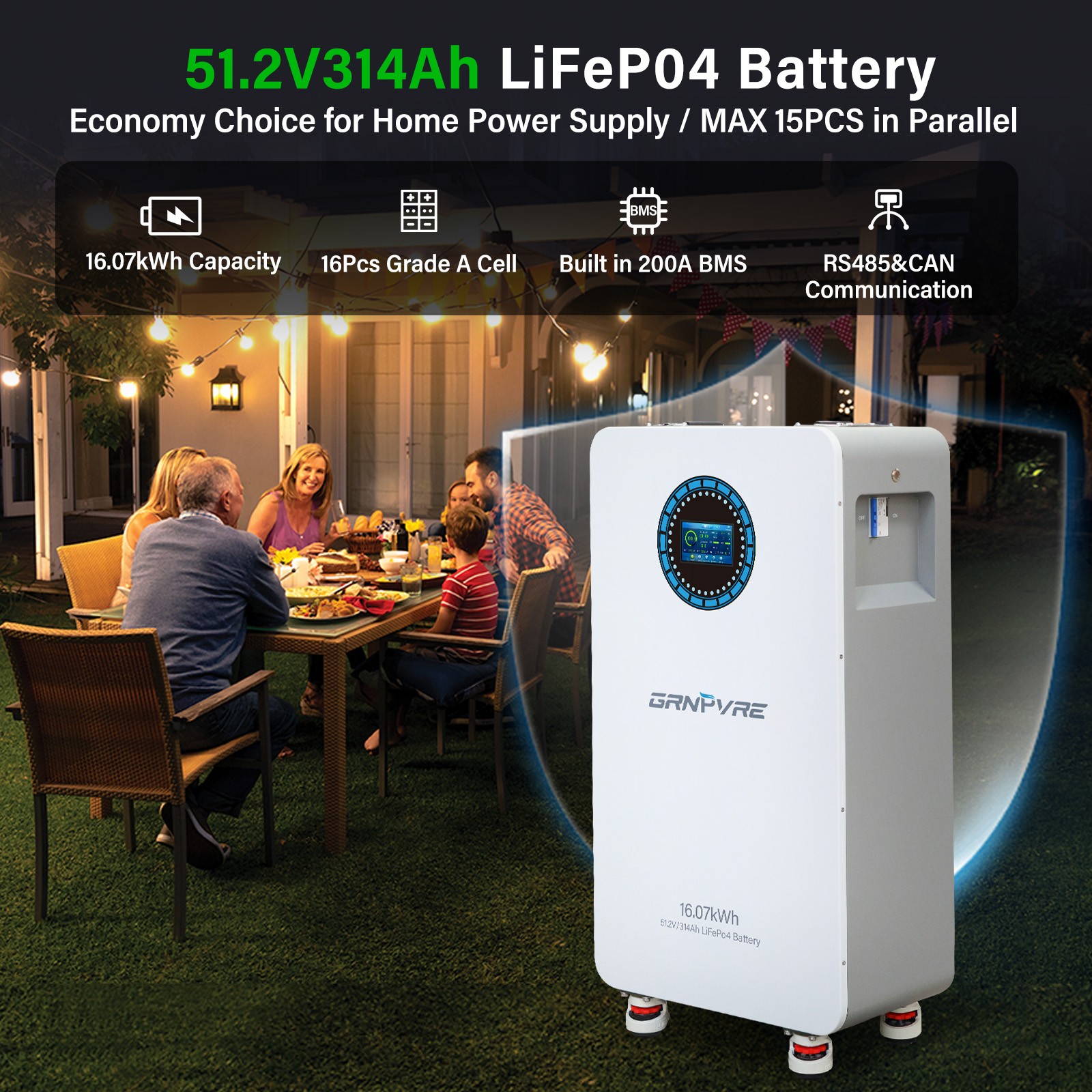 6PACK 48V 314Ah 16.07kwh Lithium Battery LiFePO4 for RV Solar Off-grid BMS