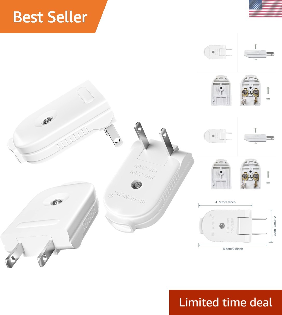 Versatile 2-Prong Power Plug Replacement, Screw Lock Design, 3-Pack for Home DIY
