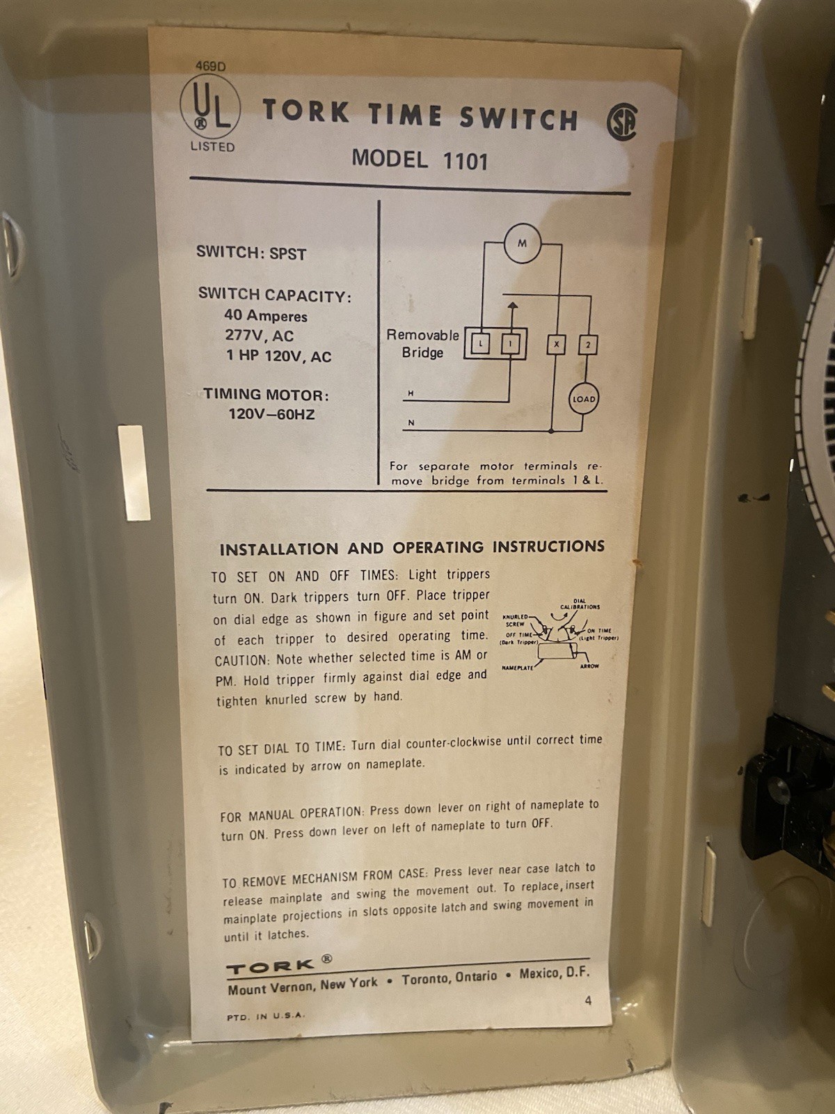TORK 1101 Mechanical Time Clock Switch; SinglePole, SingleThrow; 40A, 277V; NOS