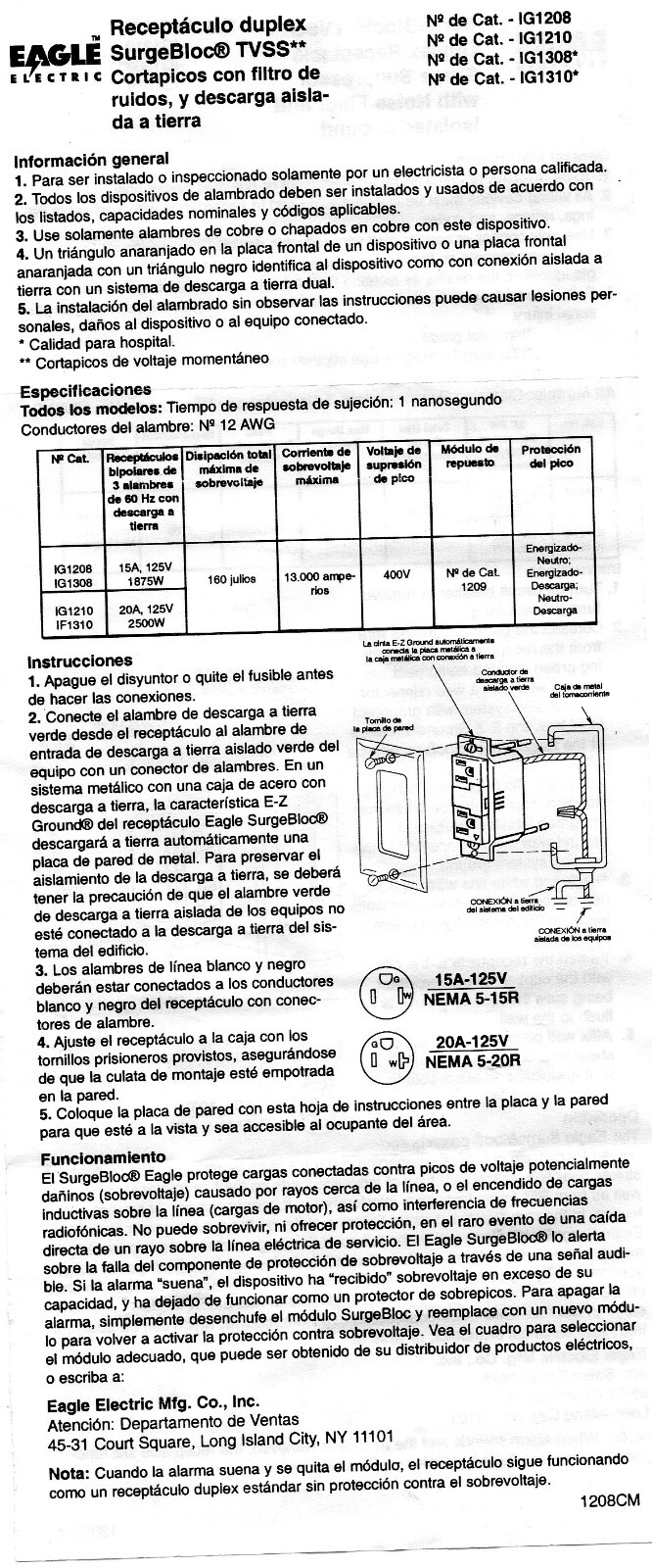 MADE IN USA – EAGLE ELECTRIC DUPLEX RECEPTACLE SURGE SUPPRESSOR /ISOLATED GROUND
