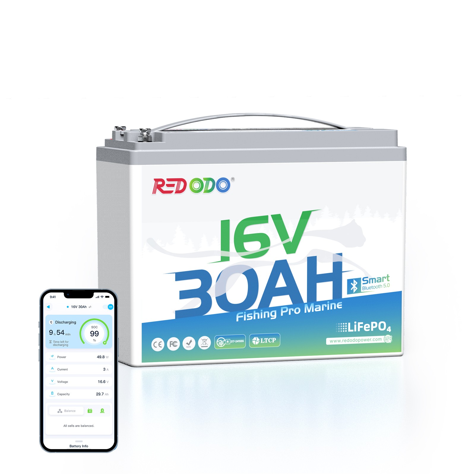 Redodo 16V 30Ah Lithium Marine Battery Bluetooth for Marine,Fish Finder,Radar