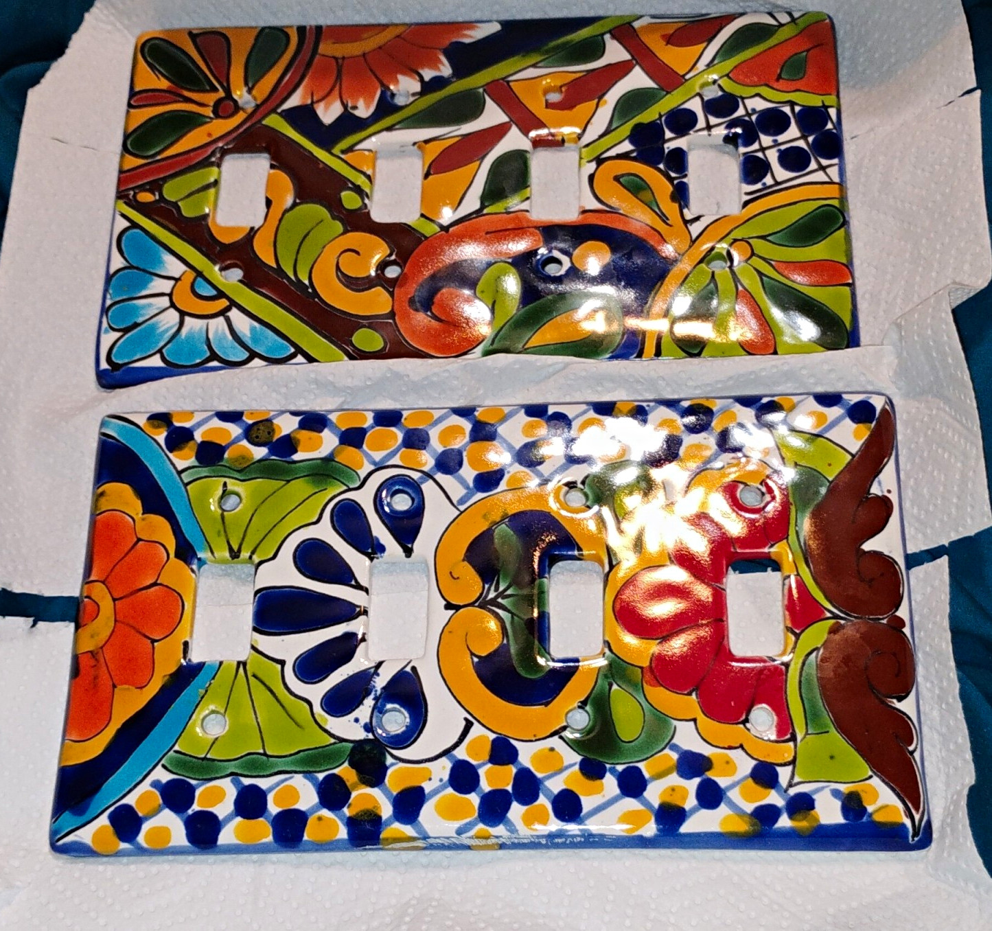 2x Hecho En Mexico Hand Painted Talavera Ceramic Multicolor 4-Gang Toggle Plate