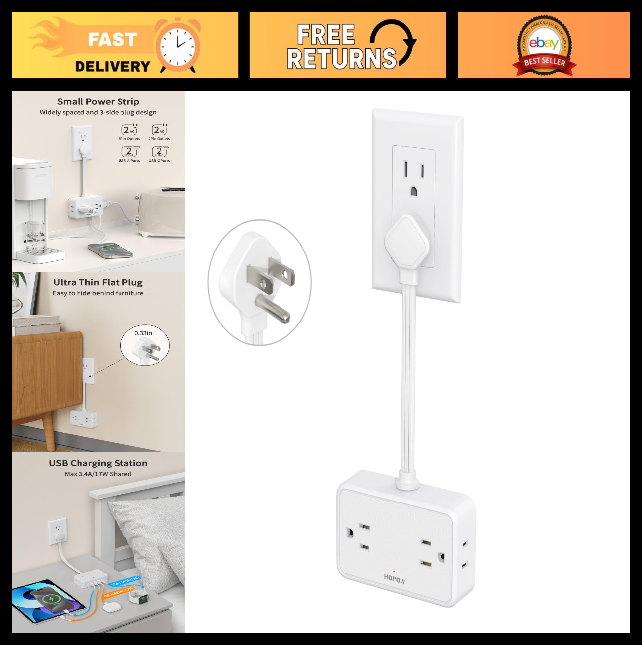 Short Extension Cord 0.5FT, Flat Plug Power Strip with 4 Outlets & 4 USB Ports,