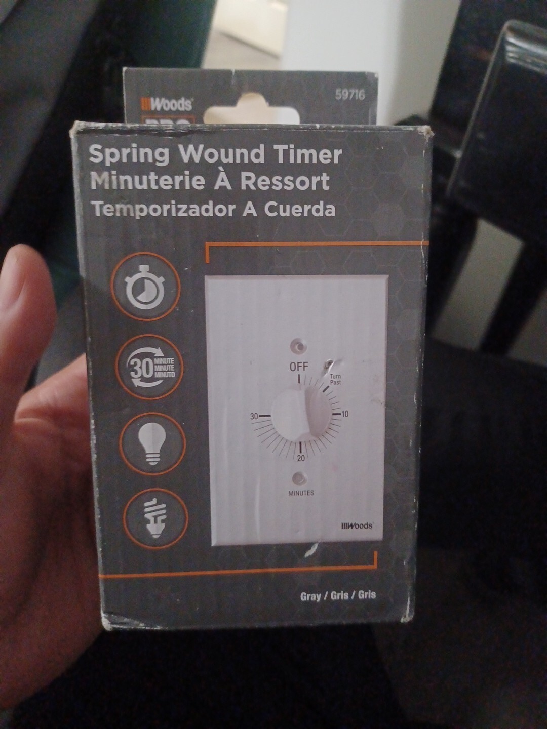 Woods Pro 59716 In Wall Spring Wound Countdown Timer 30-Minute Gray single Pole