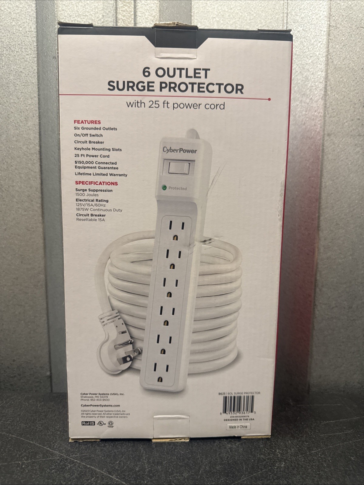 CyberPower Outlet Surge Protector with 25 ft. power cord 1500 Joules- B625 – NEW