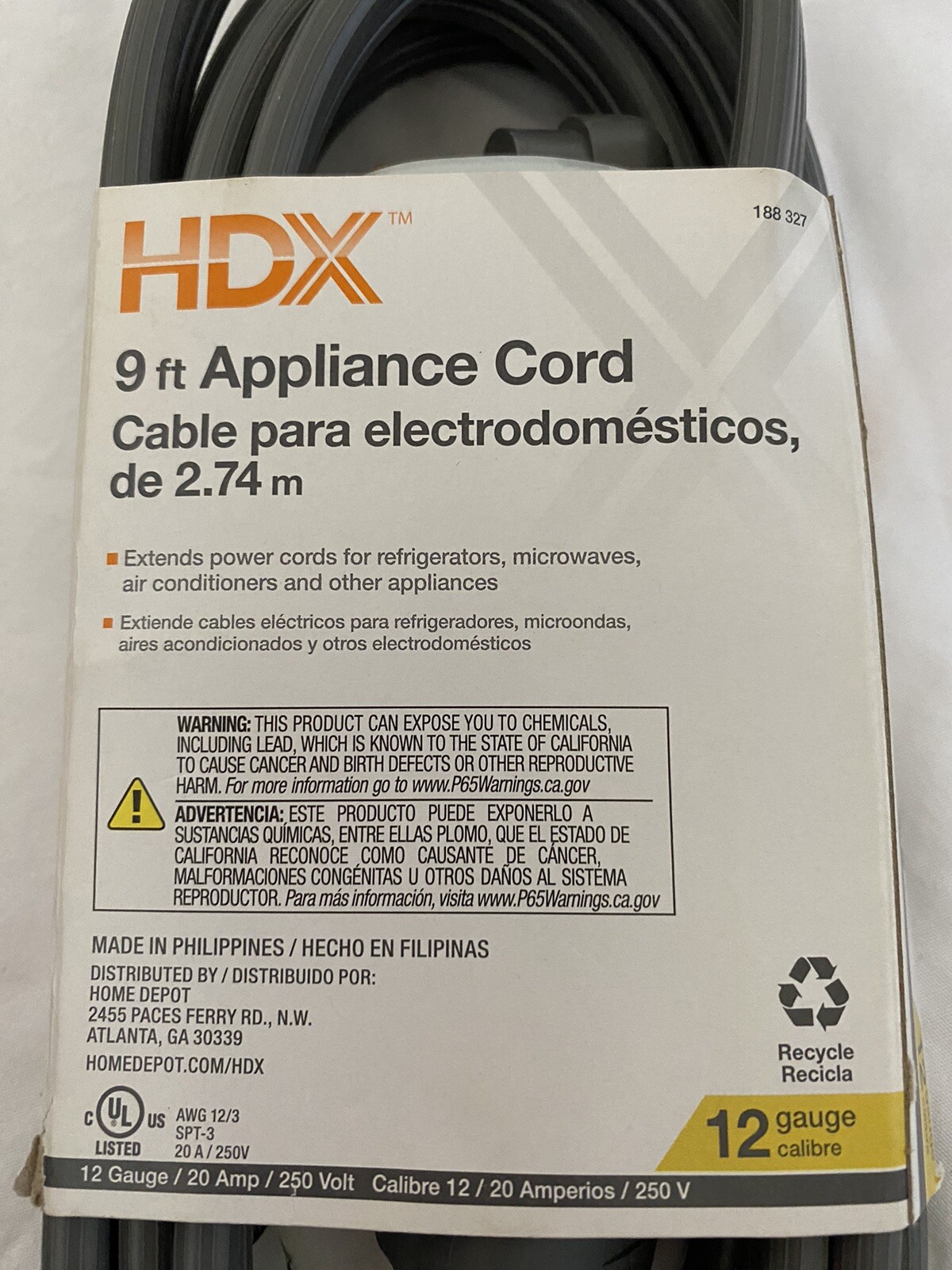 HDX 9 ft Appliance Cord 12 Gauge Calibre Electrodomestics Power Cord NEW