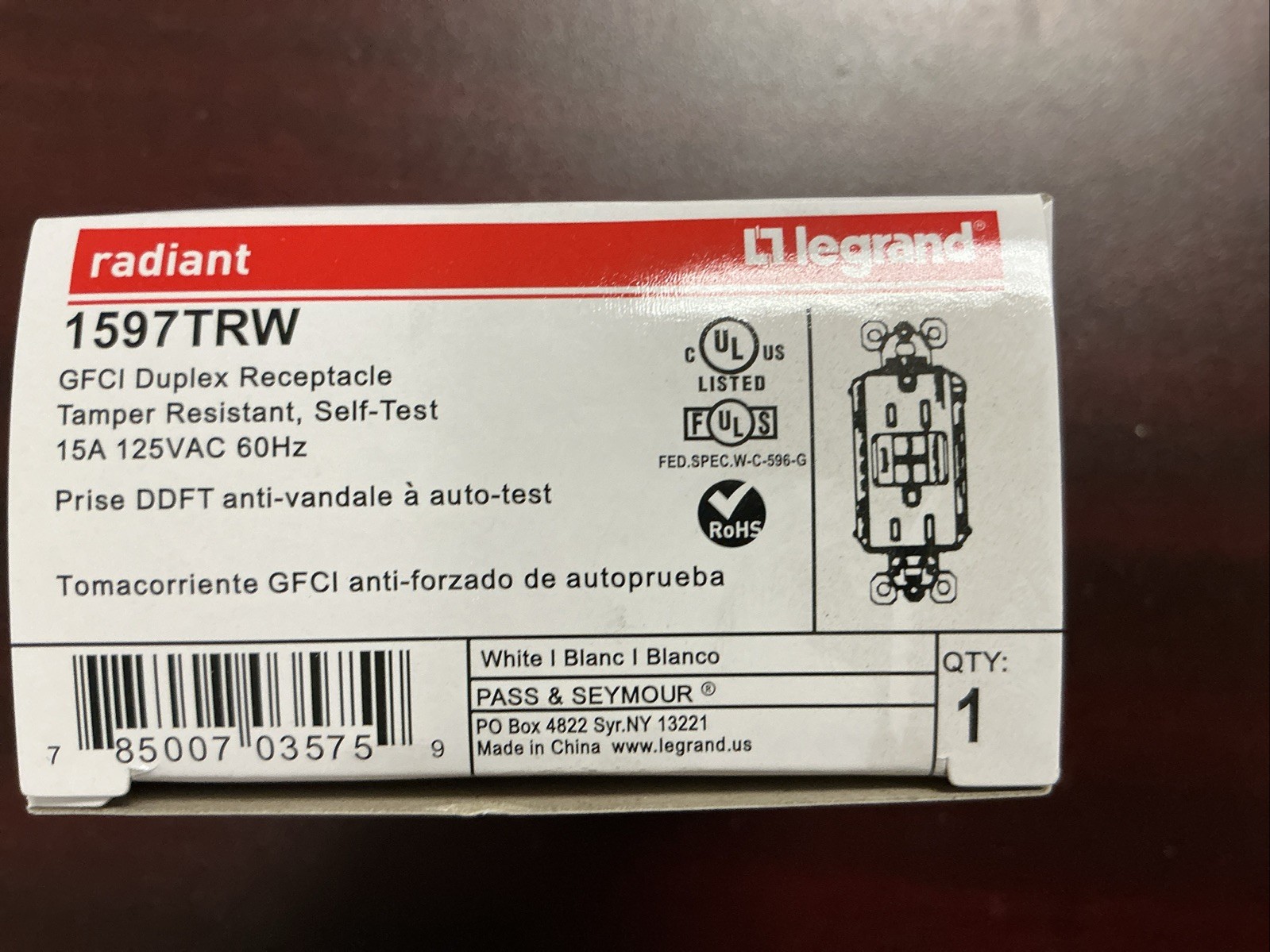 Legrand Radiant Tamper-Resistant 15A Duplex Self-Test GFCI Receptacle 1597TRW