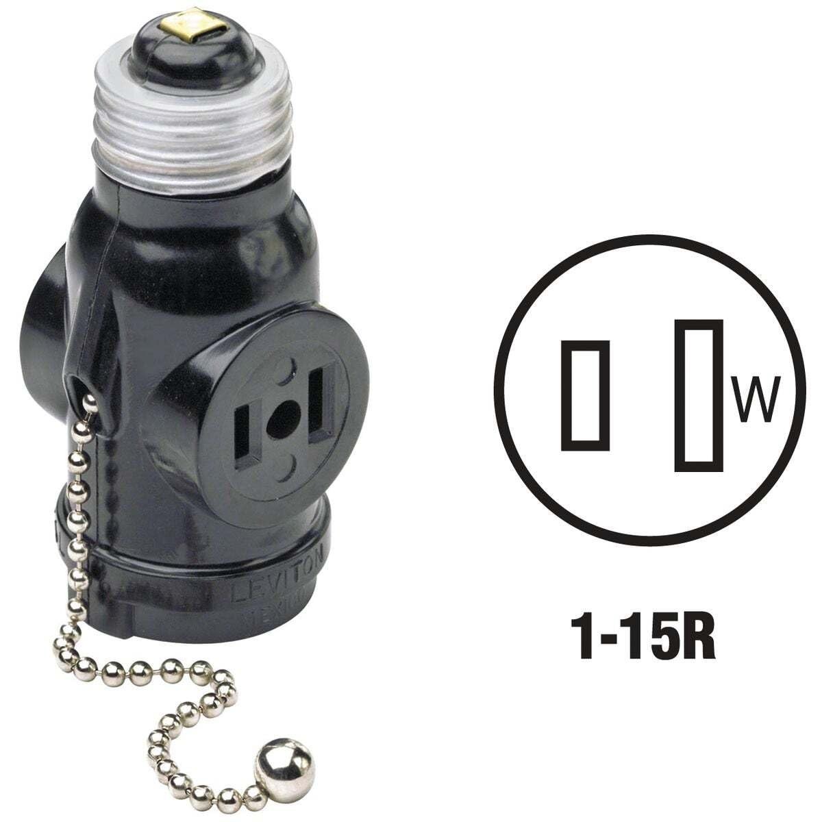 660 Watt, 125 Volt, Two Outlet With Pull Chain Socket Adapter, , Black
