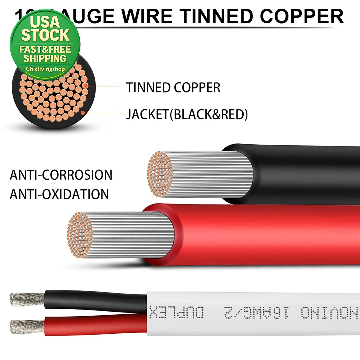 16 Gauge Marine Wire 50Ft 16 AWG Tinned Copper Duplex Electrical Cable