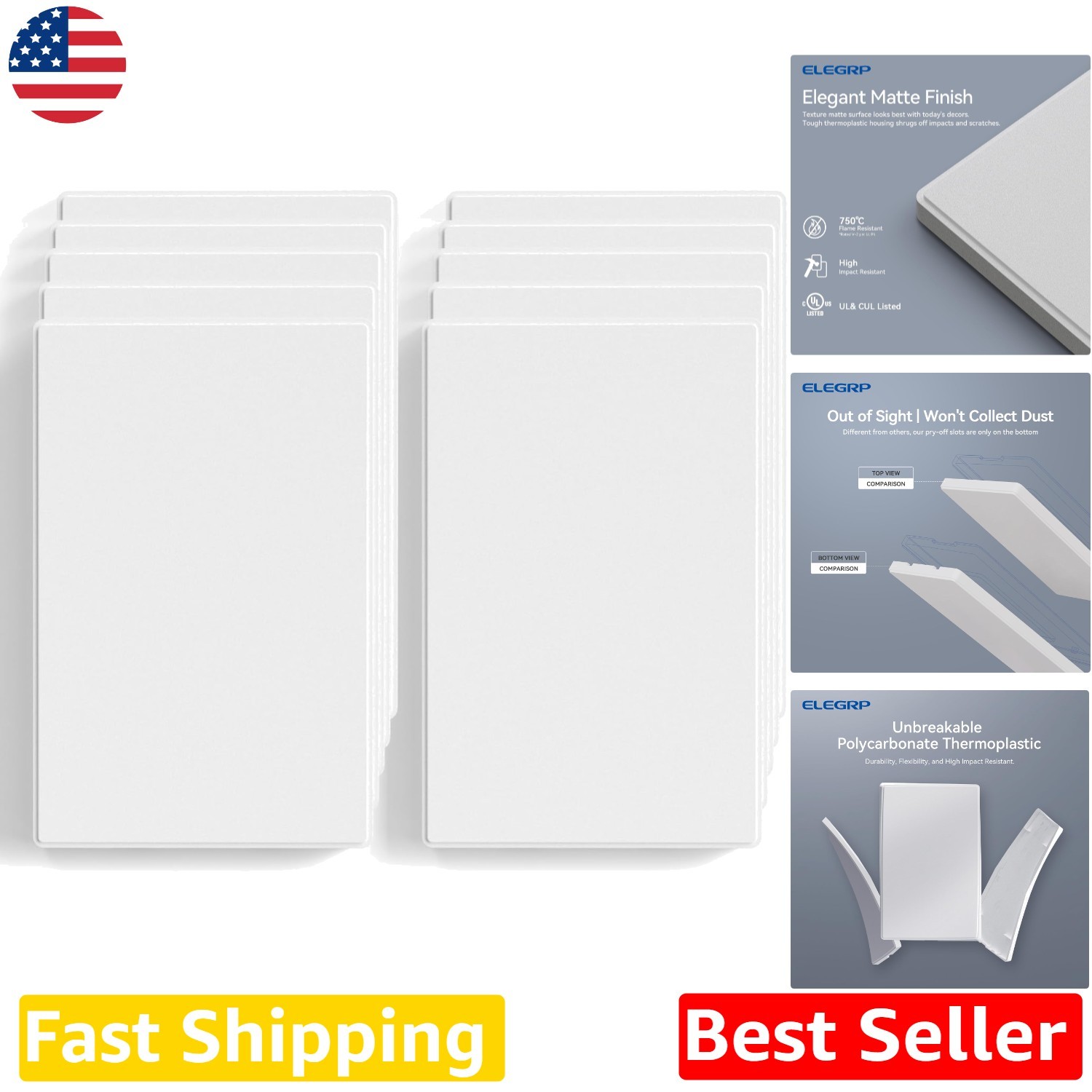 Listed 10pk Blank Faceplate Cover Screwless Matte White Durable Polycarbonate