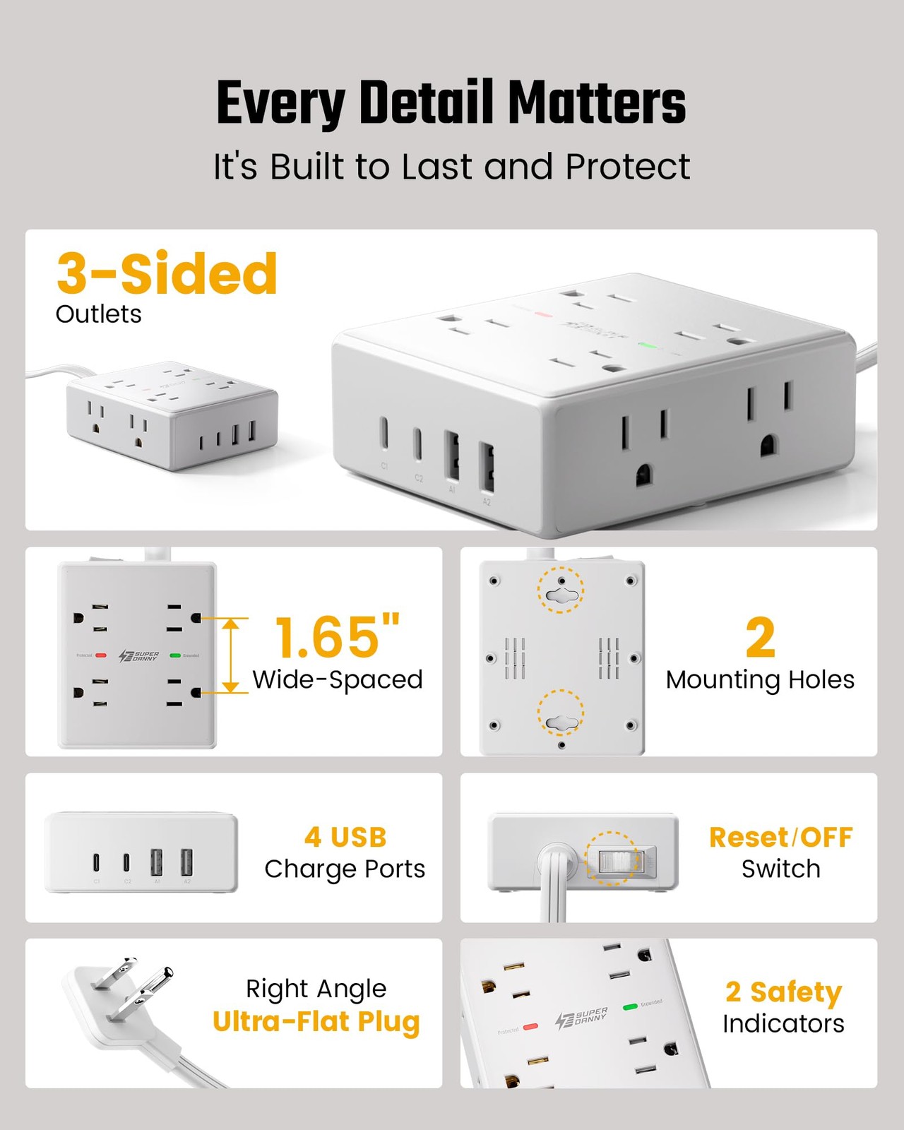 SUPERDANNY Extension Cord Flat Plug Surge Protector Power Strip 10Ft 8 AC & 4