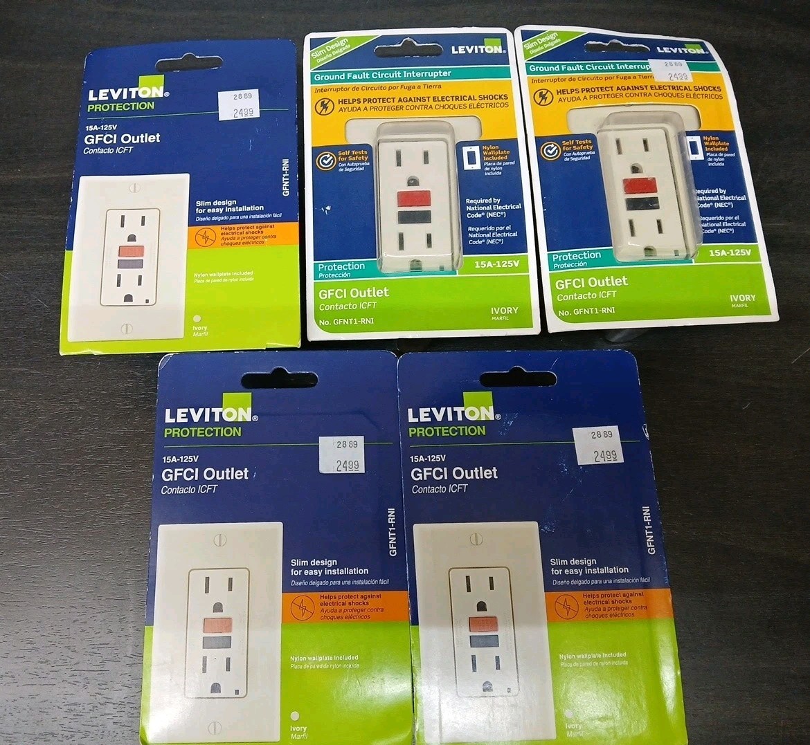 Lot of 5 Leviton 15 amps 125 V Ivory GFCI Outlet 5-15R C21-GFNT1-RNI