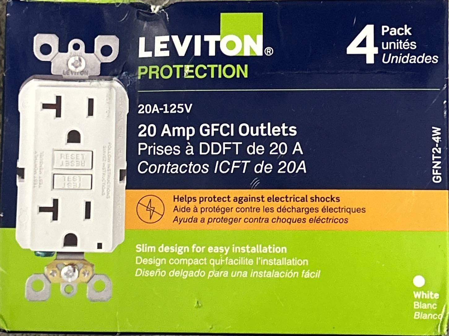 Brand New Leviton GFNT2-4W 20 Amp 125V Slim GFCI White Outlets – 4 PACK