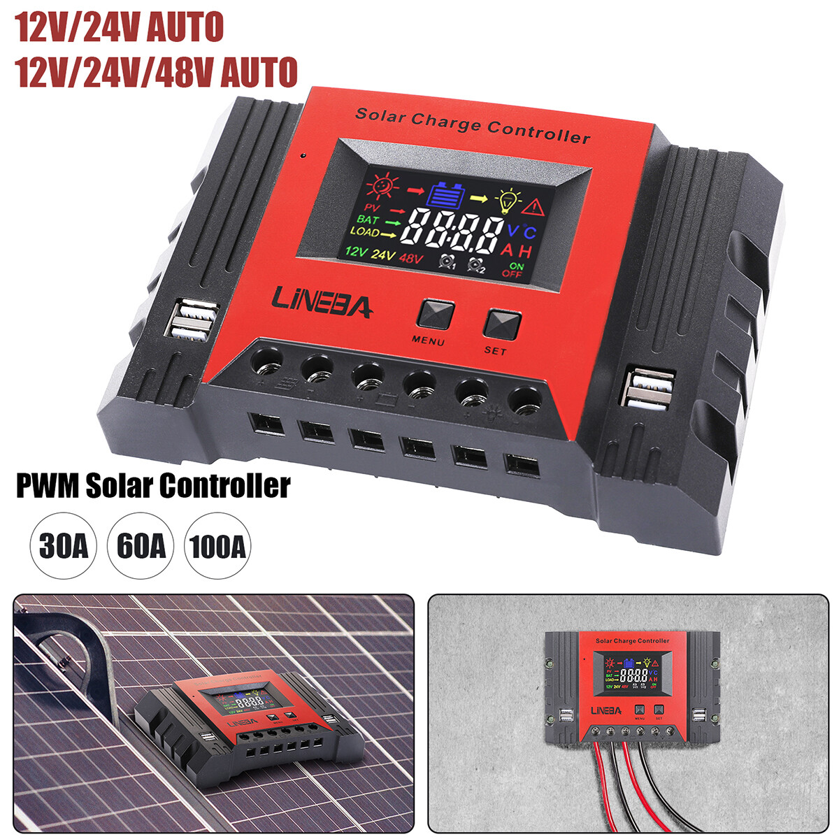PWM 12V/24V/48V Solar Charge Controller with LCD Display LifePO4 Auto Regulator