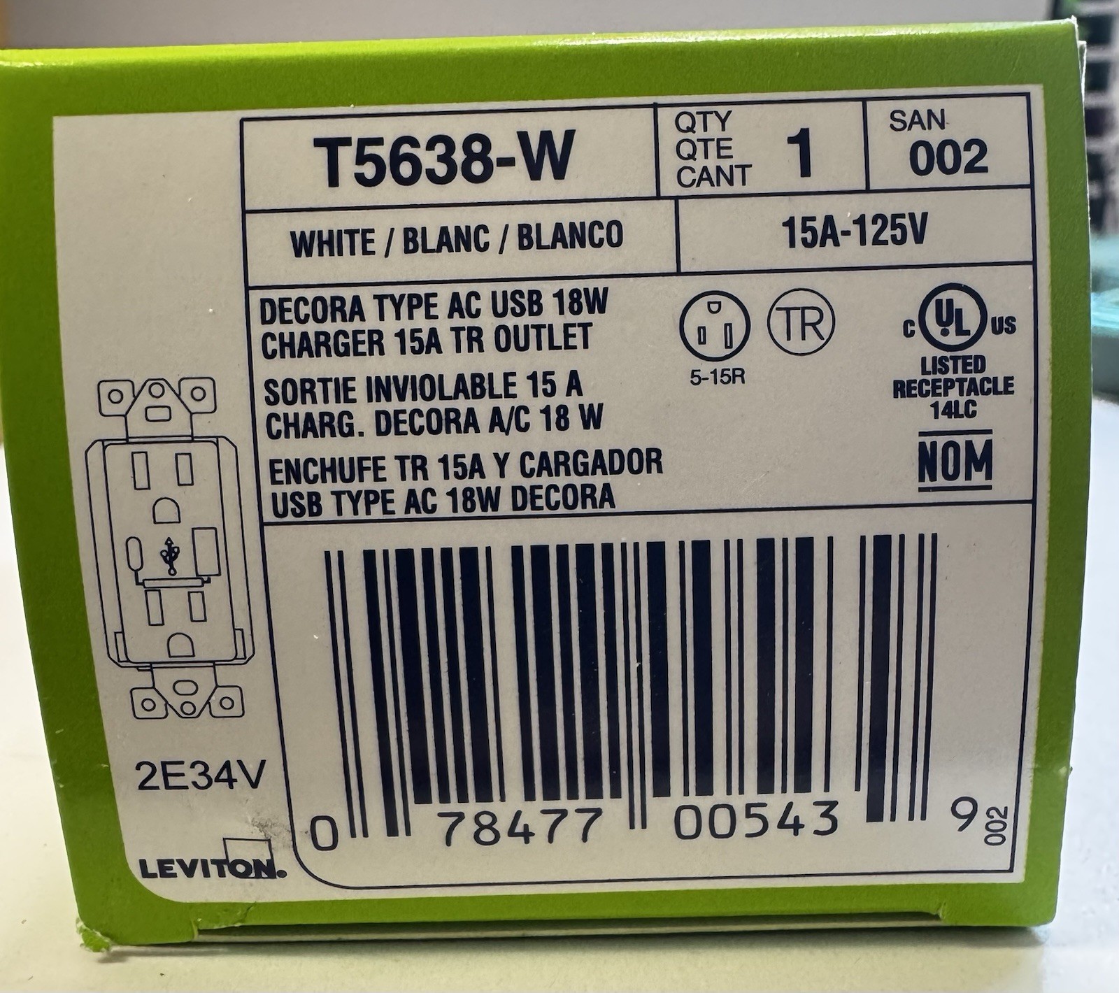 Leviton T5638-W: USB Type A & C In-Wall Charger 1 Case 10 Outlets