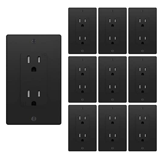 10Pack Black Outlet Socket, Decora Duplex Receptacle 15 Amp, 125 Volt With plate